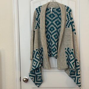 NY Collection Teal and Beige Geometric Cardigan